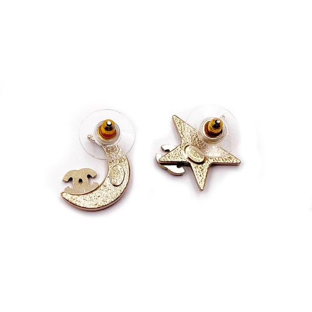 Chanel Chanel Super Rare Gold Star Moon Black Crystal CC Small Piercing Earrings, 2 Pieces For Sale - Image 4 of 4