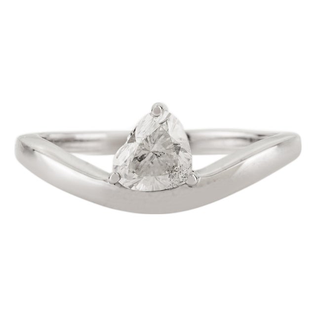 Heart-Shaped Diamond Solitaire Wave Ring Size 7 in 14k Solid White Gold Gift for Her For Sale