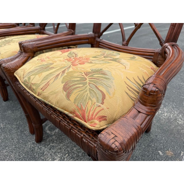 Tommy Bahama Vintage Fretwork Rattan Dining Chairs With Tropical Cushions, Set of 6 For Sale - Image 4 of 10