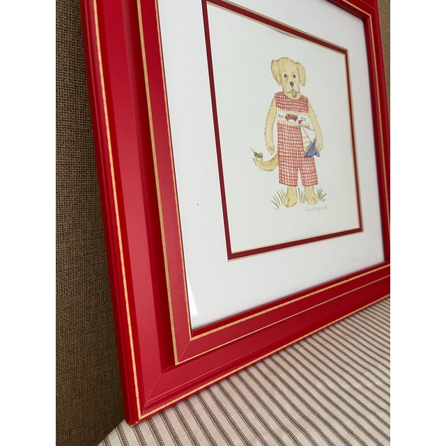 Framed and matted, original watercolor painting by artist Kelly Right featuring a dog wearing a gingham jumper. Signed by...
