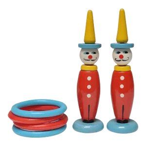 Pair of Vintage French Painted Wooden "Clown" Skittles / Ring Toss Stands With Rings