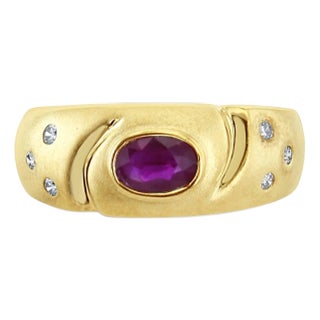 Oval Ruby Band with Diamond Accents 14k Yellow Gold, Size 8 For Sale