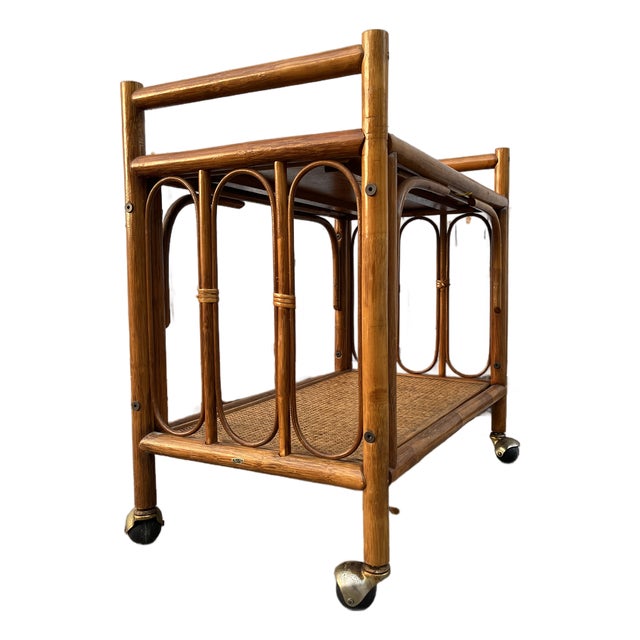 Coastal Style Rattan Dry Bar/ Serving Cart in the Franco Albini's Manner. Circa 1970s For Sale