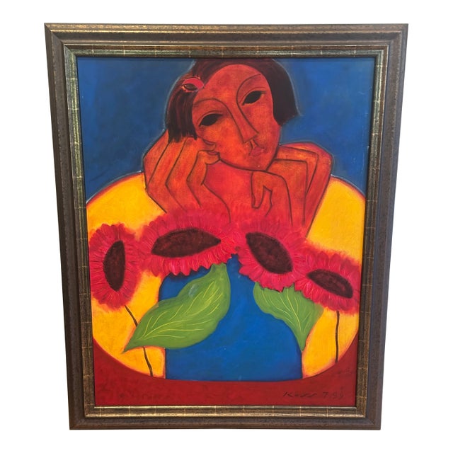 Jaime Koss Original Painting Woman With Sunflower 1996 For Sale