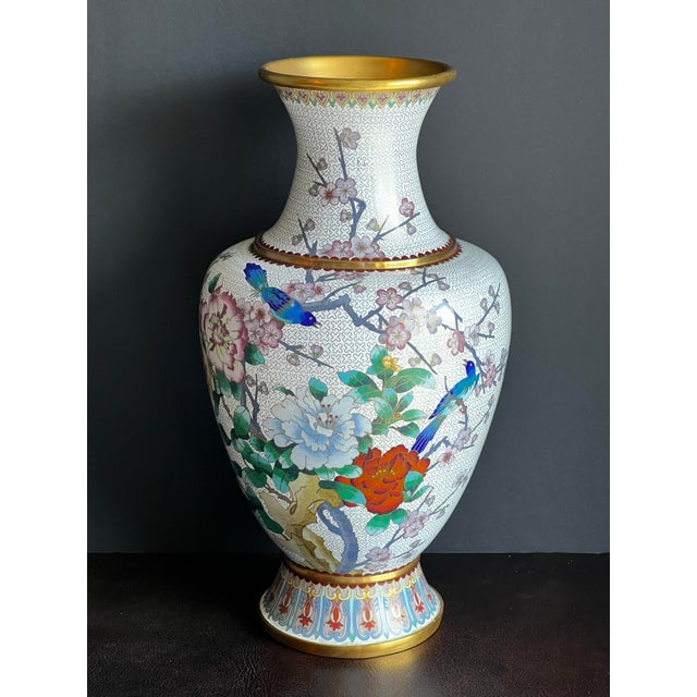 Large Vintage 15” Chinese DeiHua (Butterfly Brand) cloisonné vase featuring red, blue and pink peonies, pink cherry...
