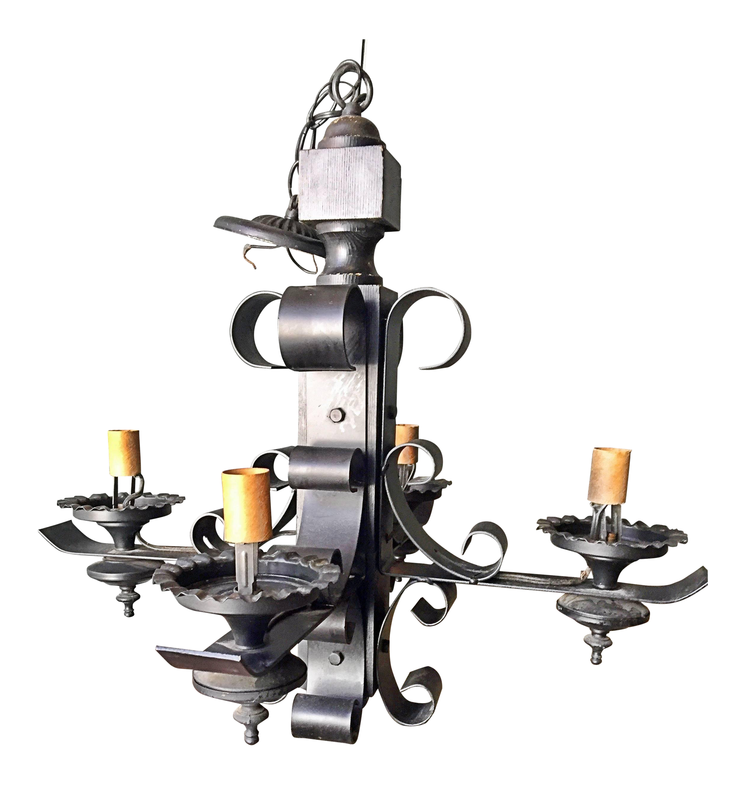 Vintage Wrought Iron Wood Gothic Tudor Medieval Chandelier Ceiling