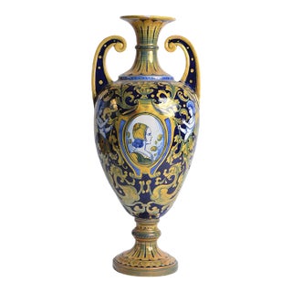 Antique Robbia Gualdo Tadino Tall Porcelain Amphora Vase Signed - 1900c For Sale