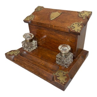 Antique 19th Century English Wood Oak Bronze Inkwell Desk Letter Writing Stand For Sale