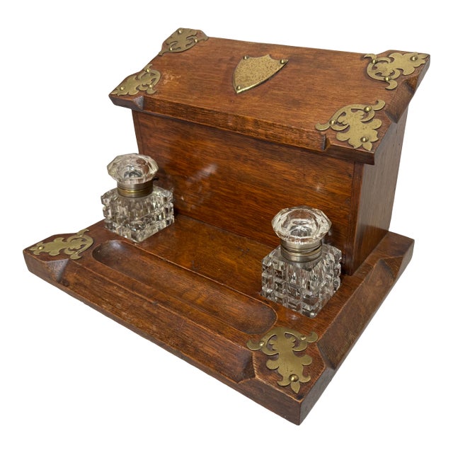 Antique 19th Century English Wood Oak Bronze Inkwell Desk Letter Writing Stand For Sale