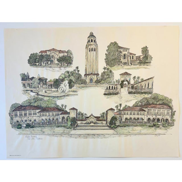 1980s 1980s Stanford University Palo Alto, California Campus Print by Liz Bryant – Hand-Colored Architectural Illustration, 24” X 18” For Sale - Image 5 of 5