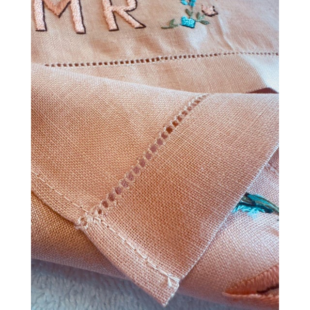 1930s Vintage Mr & Mrs Embroidered Linen Towels Set Blush Apricot Monogram Floral Boudoir Hand Towels For Sale - Image 5 of 12