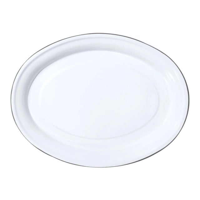 Crow Canyon Home Enamelware, Vintage Oval Platter with Grey Rim For Sale