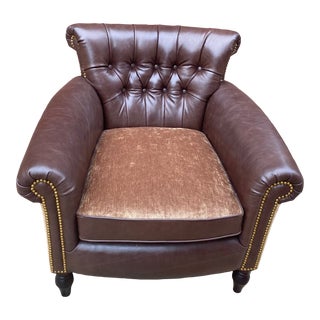 George Smith Plush Tufted Chocolate Leather & Mohair Club Chair For Sale