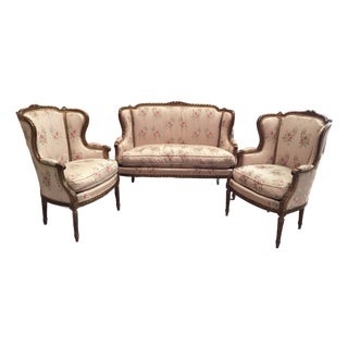 Rare Louis XVI Gilt Salon Set W/Original Silk Floral Upholstery For Sale