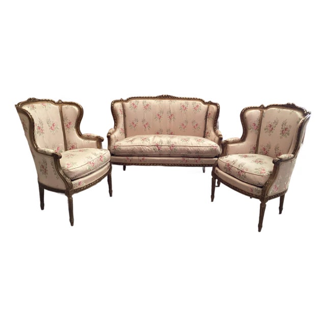 Rare Louis XVI Gold-Leaf Salon Set W/Original Silk Upholstery For Sale