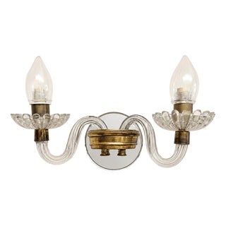 Mid-Century Murano Glass & Brass Two-Arm Wall Sconces, 1960s, Set of 2 For Sale