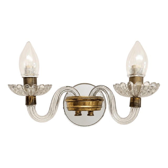 Mid-Century Murano Glass & Brass Two-Arm Wall Sconces, 1960s, Set of 2 For Sale