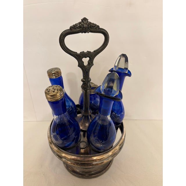Victorian Antique Victorian Silver Plate an Cobalt Blue Glass 5-Bottle Caster Cruet Set For Sale - Image 3 of 5