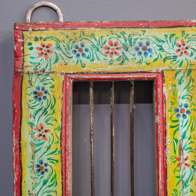 Indian Early 20th Century Antique Folk Art Painted Window and Surround From India For Sale - Image 3 of 12