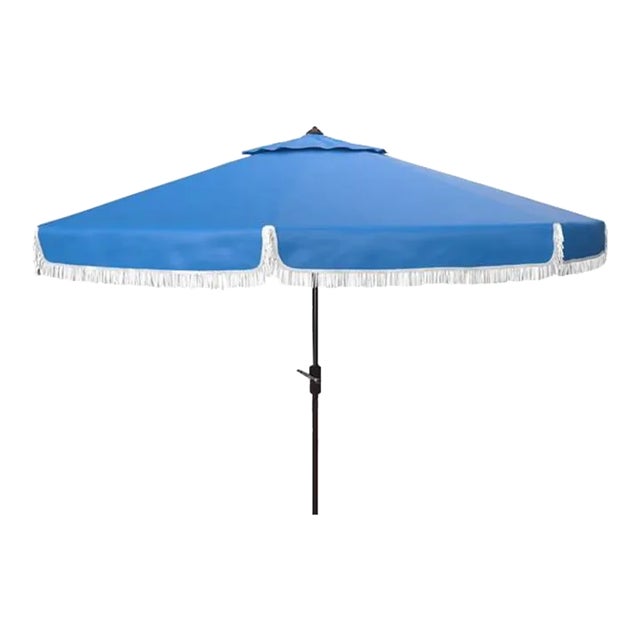 Milan Fringe 9ft Crank Outdoor Push Button Tilt Umbrella - Pacific Blue For Sale