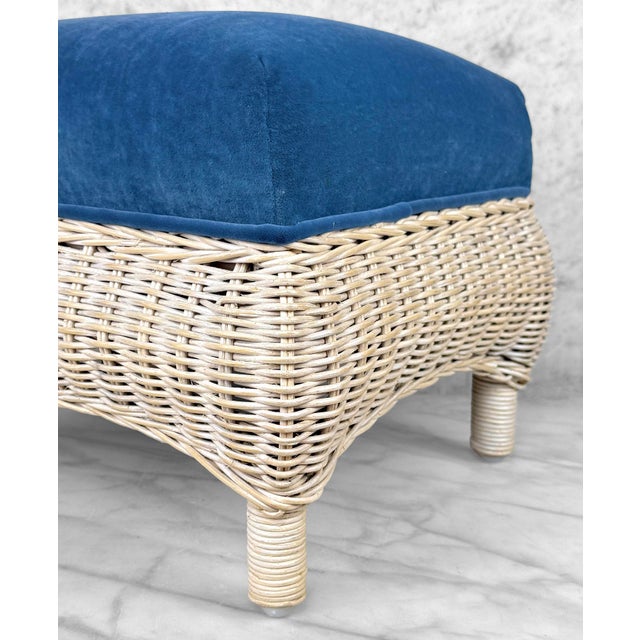 Vintage 70s Coastal Natural Wicker Blue Suede Footstool Ottoman For Sale - Image 9 of 10