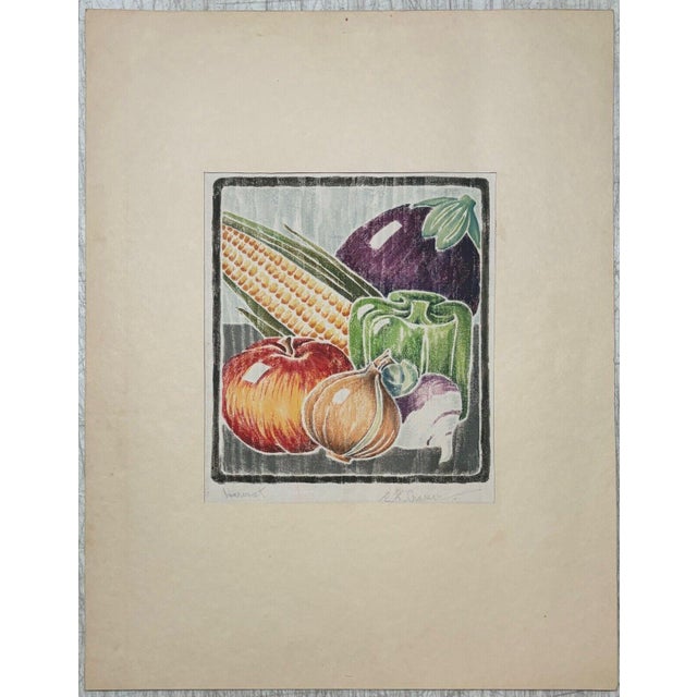 Art Deco Vintage E.f. Cramer Harvest Still Life Fruit & Veggies White Line Woodcut Print For Sale - Image 3 of 10