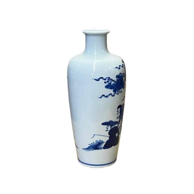 Ceramic Chinese Blue White Porcelain Round Body People Theme Vase For Sale - Image 7 of 10