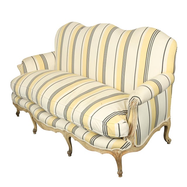 French Louis XVI Jansen style striped sofa with camel back