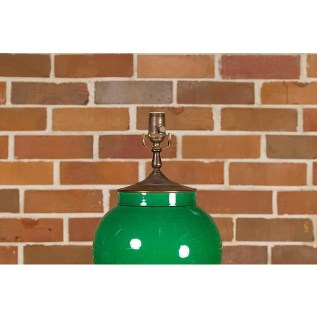 Green Contemporary Green Porcelain Table Lamp with Discreet Crackle Finish on Lucite Base For Sale - Image 8 of 11