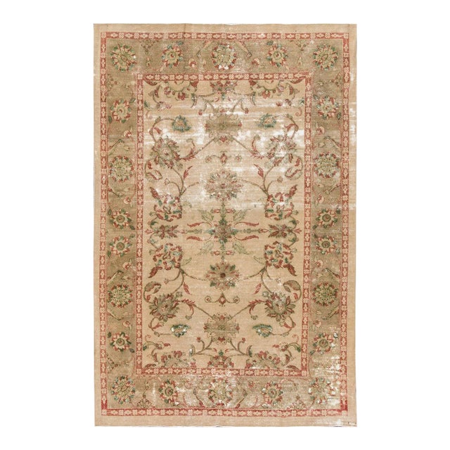 1950s Vintage Persian Distressed Tabriz Handmade Taupe Floral Wool Rug For Sale