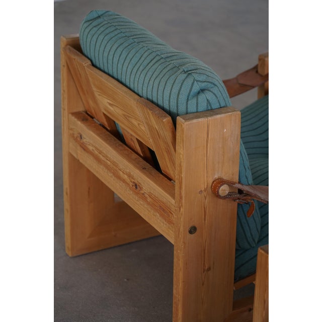 Blue Swedish Modern Pine Lounge Chairs with Leather Armrests, 1970s, Set of 2 For Sale - Image 8 of 18