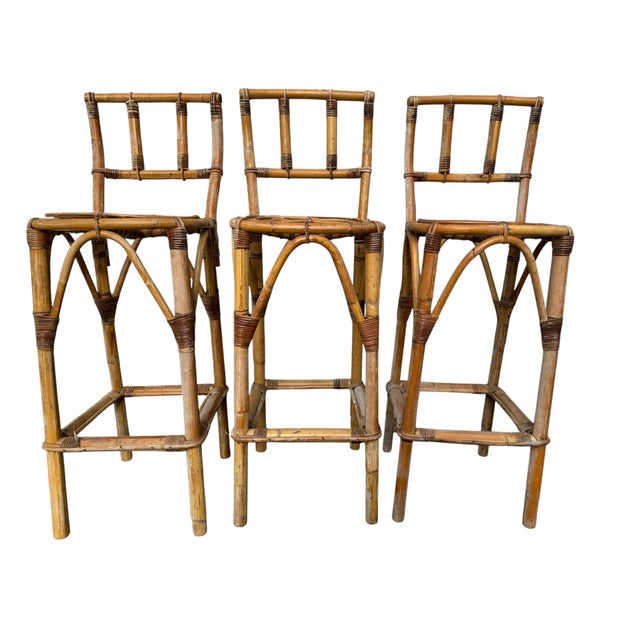 Rattan Bar Stools, 1960s, Set of 3 For Sale - Image 3 of 14