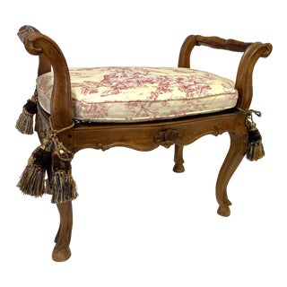 Vintage French Country Carved Wood and Cane Vanity Bench With Toile Cushion For Sale