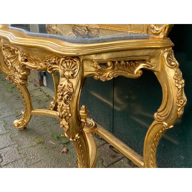 Wood 1940s French Louis XVI Baroque Rococo Console Table & Mirror Set – Hand-Carved Beechwood With Marble Top For Sale - Image 7 of 12
