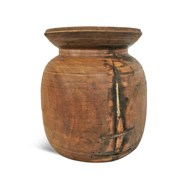 Vintage old wood carved pot from India. Wonderful character with signs of age and use. Each unique and sold individually.