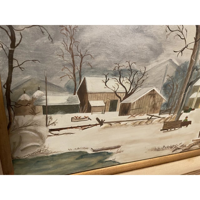 Vintage Folk Art Landscape Painting in Antique Frame - Snowy Farm For Sale - Image 4 of 7