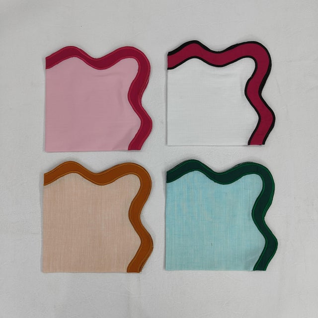 Not Yet Made - Made To Order Handmade Wave Scalloped Napkins, Light Green with Dark Green Trim - Set of 4 For Sale - Image 5 of 9