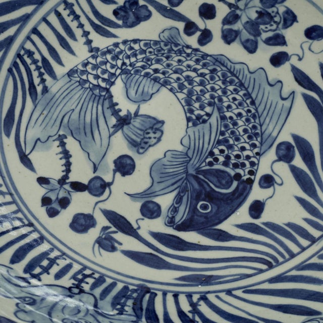 Large Chinese Blue and White Porcelain Fish Bowl For Sale - Image 9 of 11