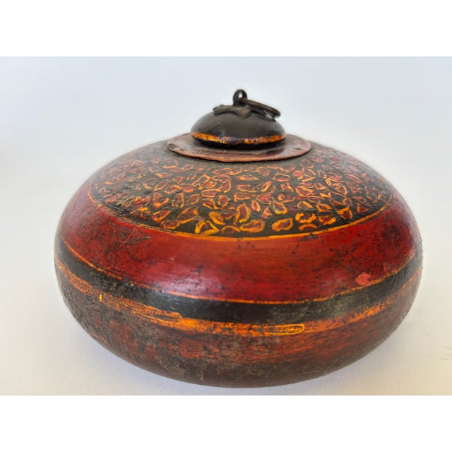 Vintage Asian Red and Black Painted Wooden Round Lidded Box With Metal Ring Handle For Sale - Image 17 of 17