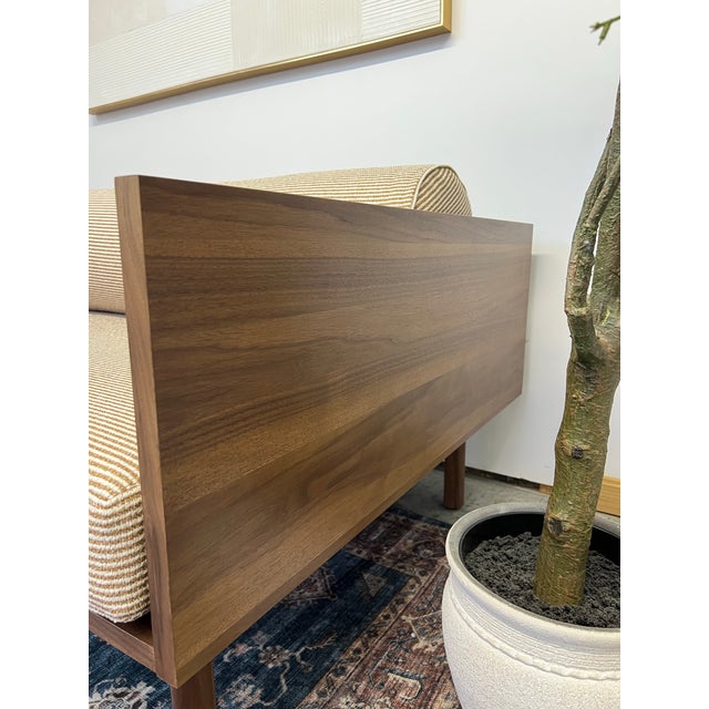 Wood Blu Dot Souvenir Sofa – Walnut Wood Frame With Built-in Display Shelf For Sale - Image 7 of 7