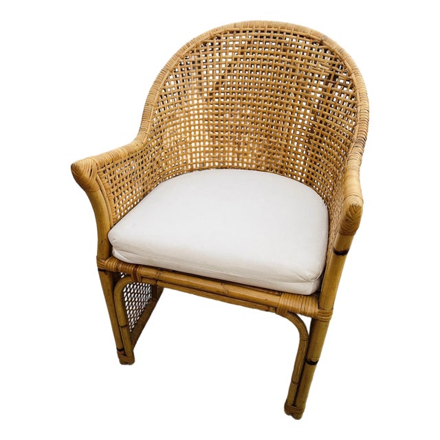 Vintage Coastal Woven Rattan Barrel Dinning Chair For Sale