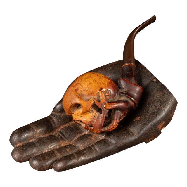 Vintage Memento Mori Skull Pipe With Cast Iron Hand Tray For Sale