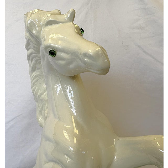 Mid Century Vintage Cast Ceramic Rearing White Mustangs With Glass Eyes- A Pair For Sale - Image 12 of 18