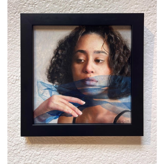 Abstract Sheer Cerulean by Kelly Birkenruth | Oil Painting of a woman with blue fabric draped across her face For Sale - Image 3 of 5