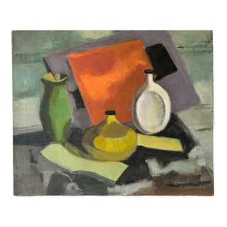 Abstract Still Life, "Bottles" , Oil on Canvas by M. Zena Lesser For Sale