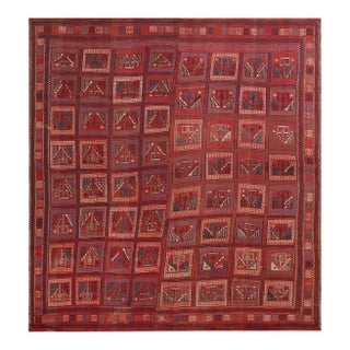 1870s Red Geometric Antique Caucasian Verneh Flat-Weave Rug 5'8" X 6'4" Wool Carpet For Sale