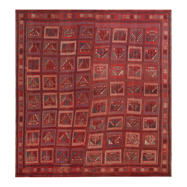 1870s Red Geometric Antique Caucasian Verneh Flat-Weave Rug 5'8" X 6'4" Wool Carpet For Sale