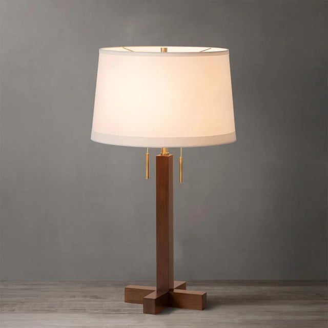 Mid-Century Modern Swiss Cross Table Lamp - Dark Walnut Wood Finish, Weathered Brass, White Linen Shade For Sale - Image 3 of 12