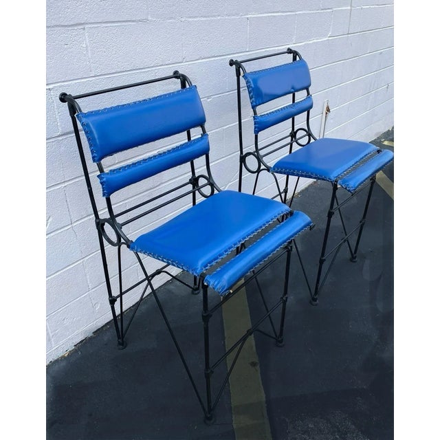 Mid-Century Modern Vintage Counter Stools : Chic Mid-Century Ilana Goor Style Counter Height (For 36” High Island/ Counter) Iron Stools - A Pair -in Blue Faux Leather For Sale - Image 3 of 12