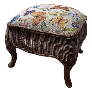 Vintage Wicker and Needdlep;oint Footstool For Sale